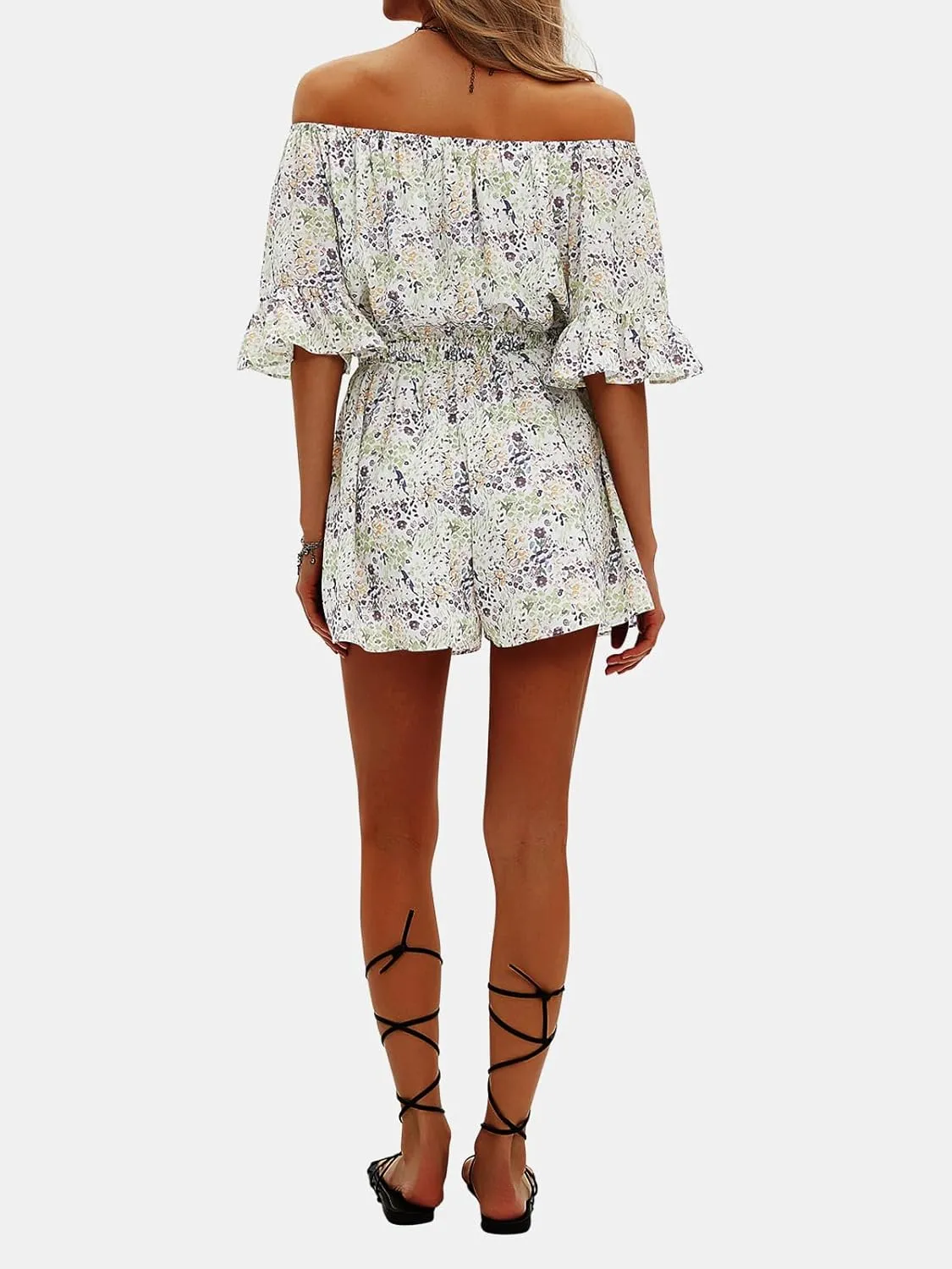 EXLURA Women's Summer Floral Romper Dress Off Shoulder Ruffle Elastic Wasit Wide Leg Shorts Jumpsuit Vacation Beach 2025
