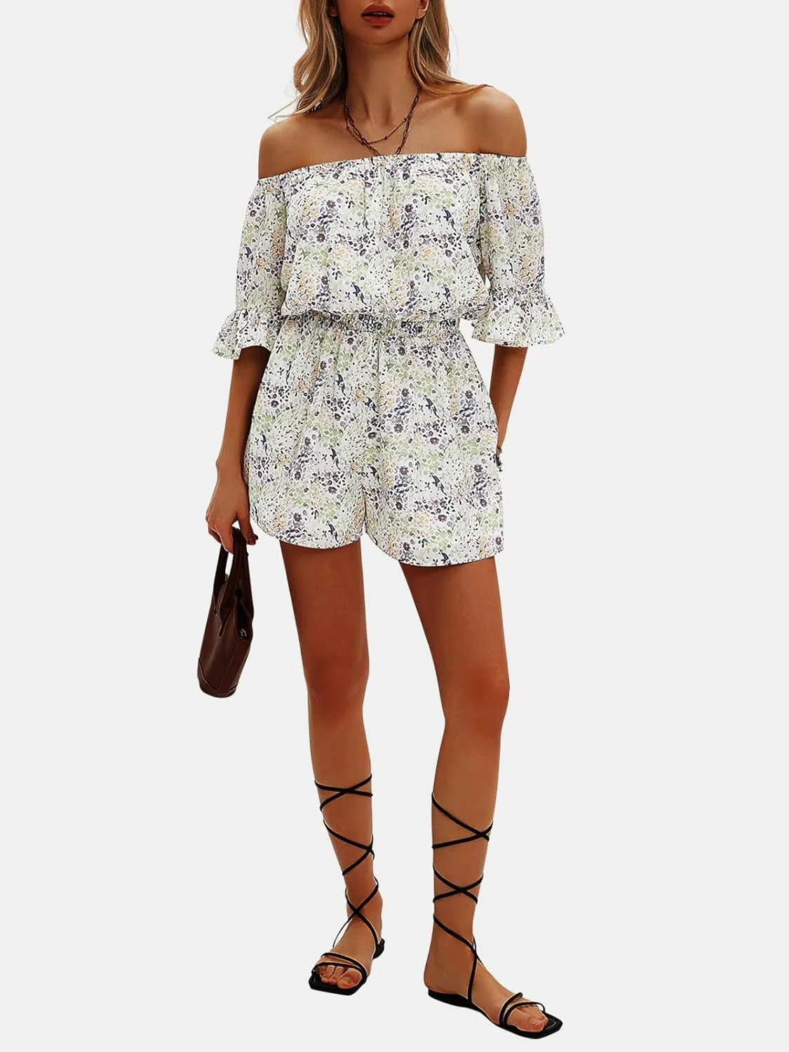 EXLURA Women's Summer Floral Romper Dress Off Shoulder Ruffle Elastic Wasit Wide Leg Shorts Jumpsuit Vacation Beach 2025