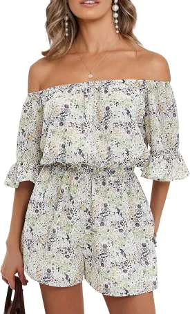 EXLURA Women's Summer Floral Romper Dress Off Shoulder Ruffle Elastic Wasit Wide Leg Shorts Jumpsuit Vacation Beach 2025