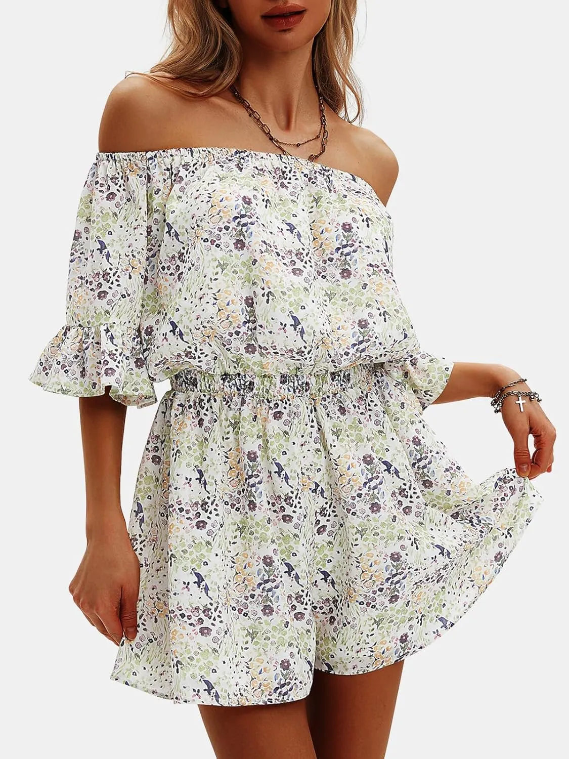 EXLURA Women's Summer Floral Romper Dress Off Shoulder Ruffle Elastic Wasit Wide Leg Shorts Jumpsuit Vacation Beach 2025