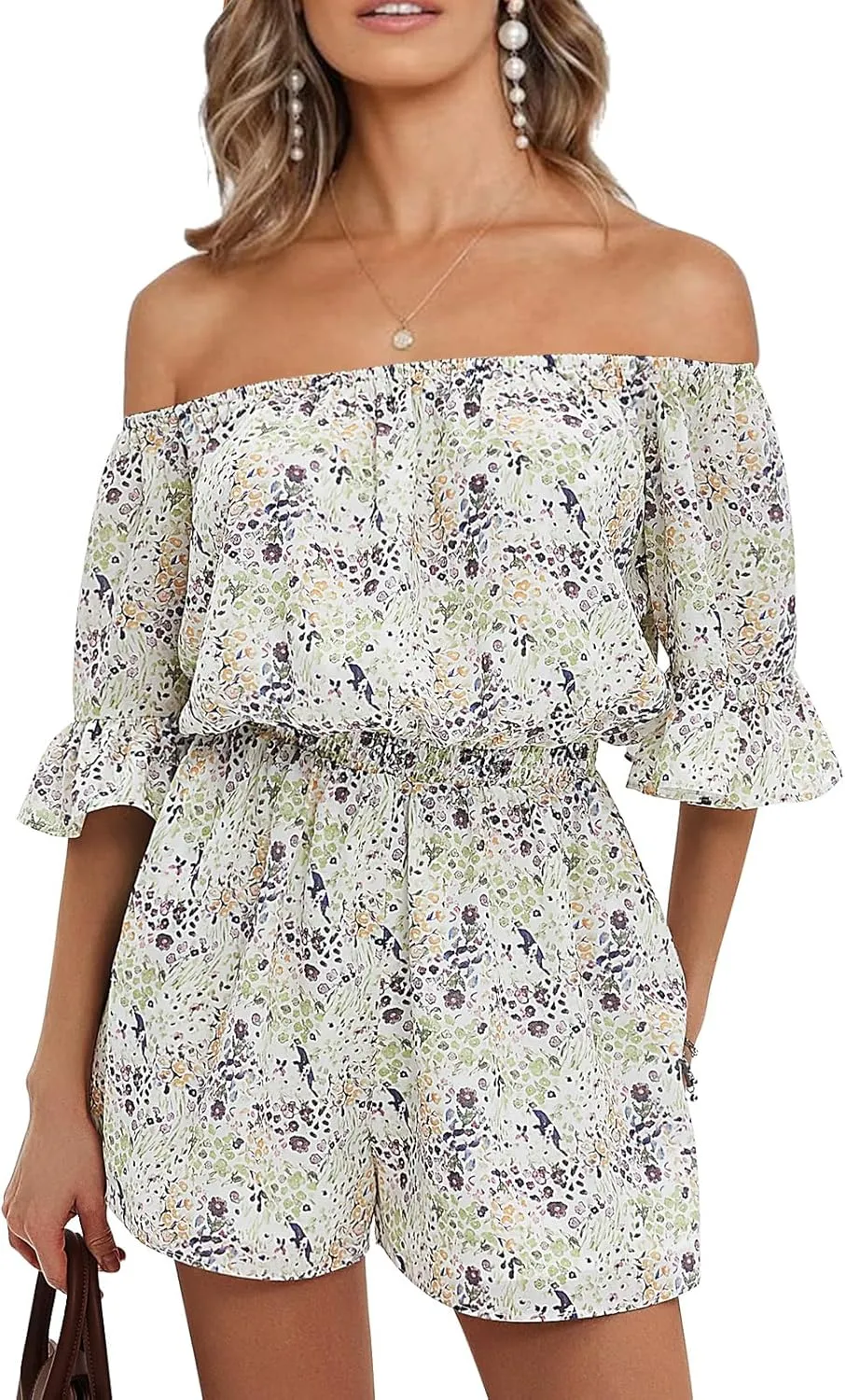 EXLURA Women's Summer Floral Romper Dress Off Shoulder Ruffle Elastic Wasit Wide Leg Shorts Jumpsuit Vacation Beach 2025