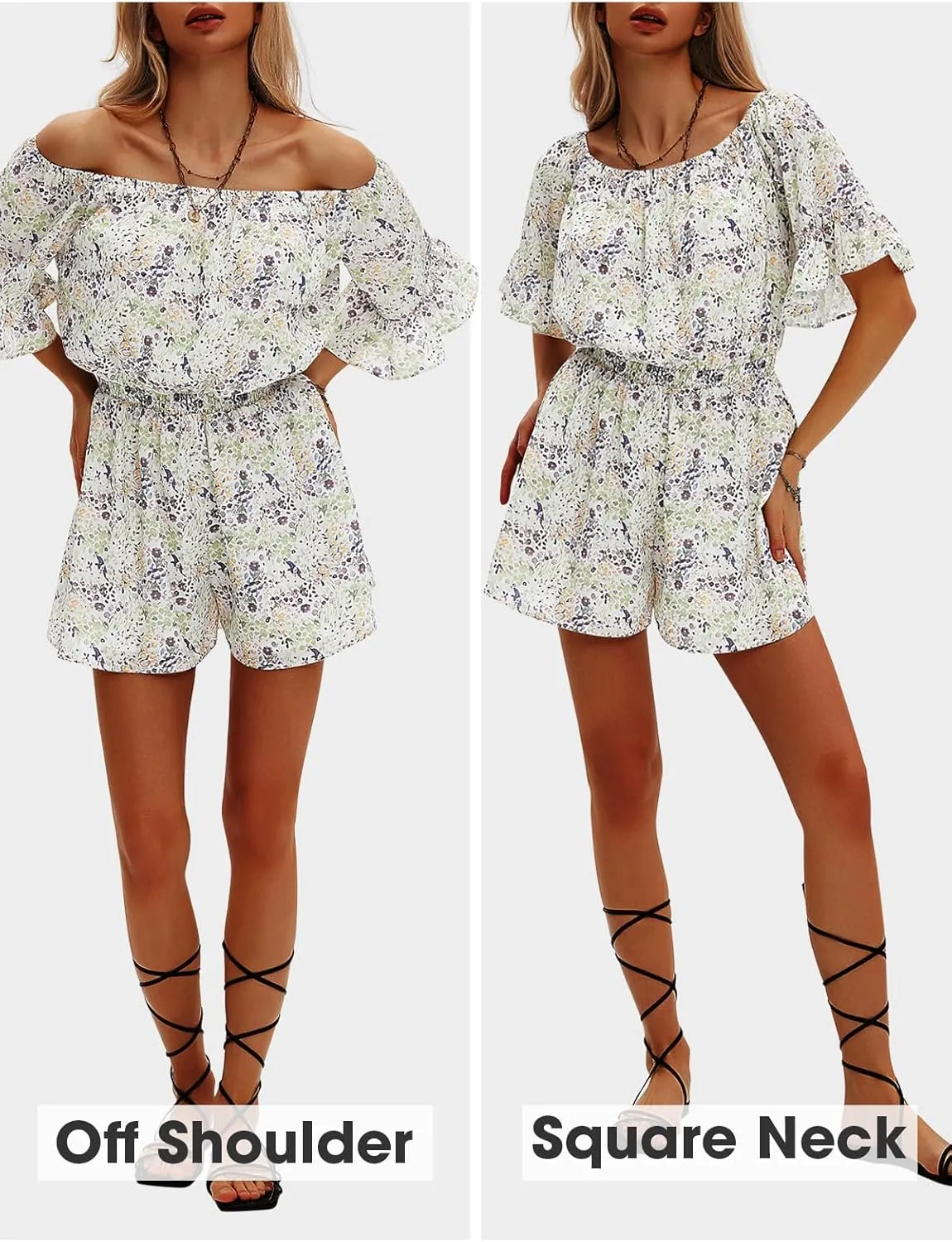 EXLURA Women's Summer Floral Romper Dress Off Shoulder Ruffle Elastic Wasit Wide Leg Shorts Jumpsuit Vacation Beach 2025