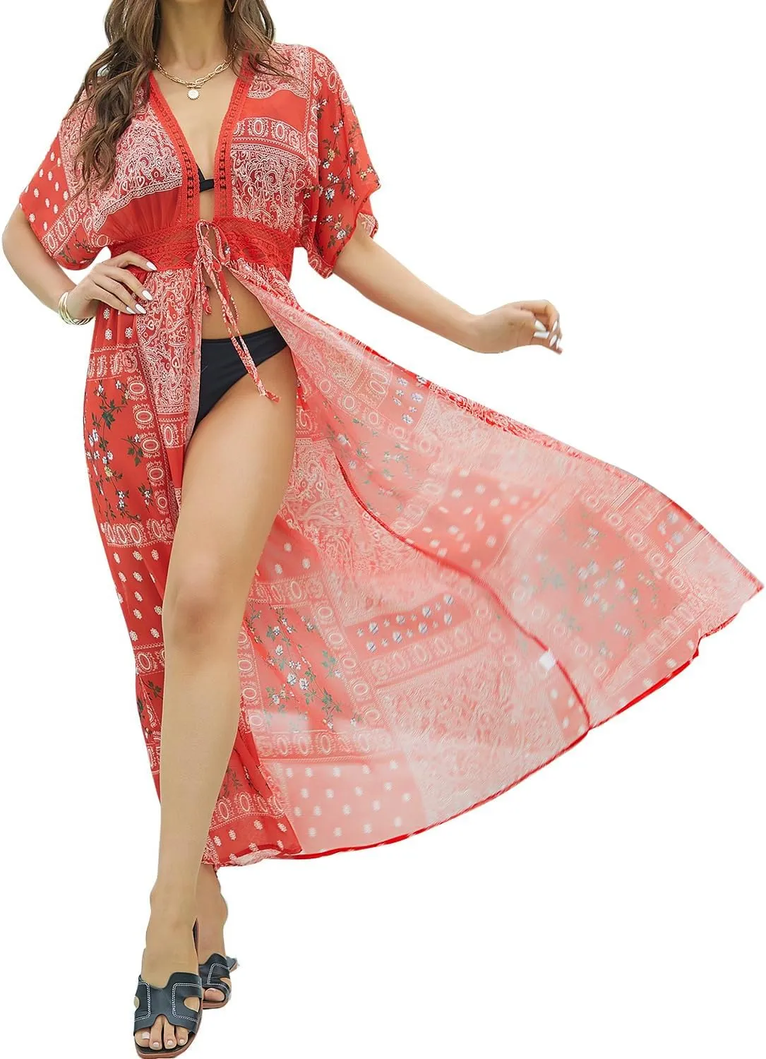 FANCYINN Womens Long Lace Cover up Sheer Bikini Coverups Kimono Tie Front Bathing Suit Swimsuit Beachwear