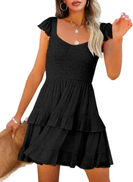 Fessceruna Womens Summer Ruffle Dresses Elastic Empire Waist A-line Layered Swing Flowy Mini Dress