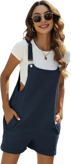 Fiona Jolin Women's Summer Cotton Linen Short Overalls Casual Bib Overall Shorts Rompers with Pockets