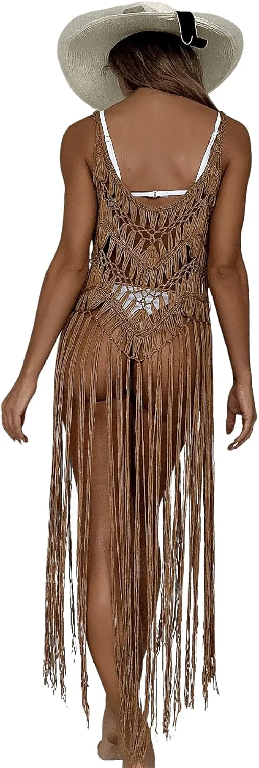 Floerns Women's Sleeveless Beachwear Swimwear Fringe Trim Crochet Kimono Cover Up