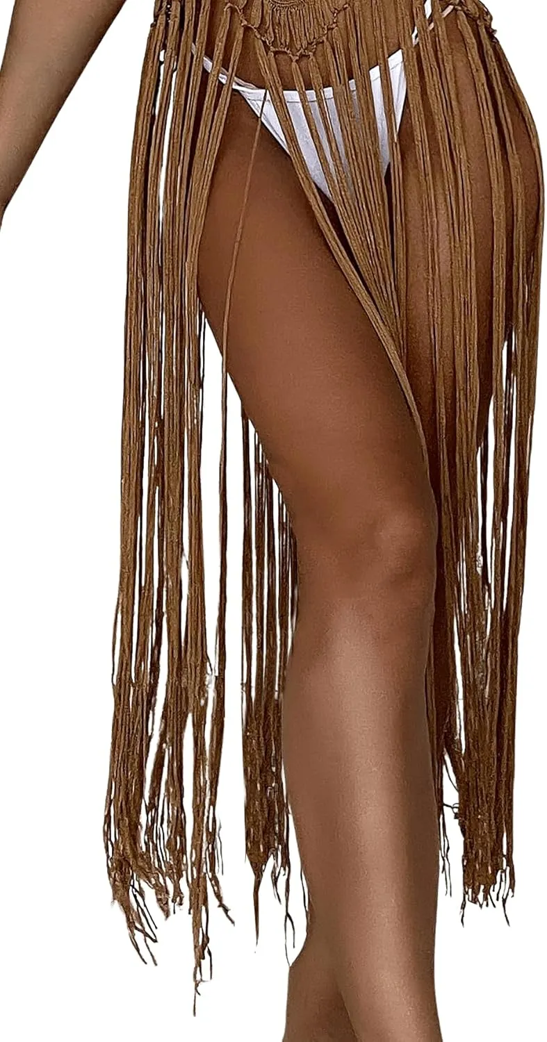 Floerns Women's Sleeveless Beachwear Swimwear Fringe Trim Crochet Kimono Cover Up