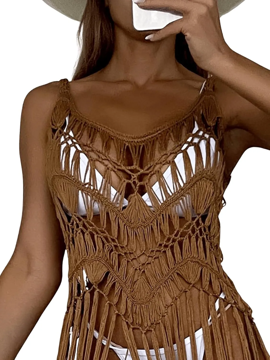Floerns Women's Sleeveless Beachwear Swimwear Fringe Trim Crochet Kimono Cover Up