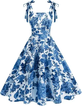 Floral Printed Corset Dress Ruched Bust Cami Dress Flowy Sundress Square Neck Dress Vintage 1950s Halter Cocktail Party Dress
