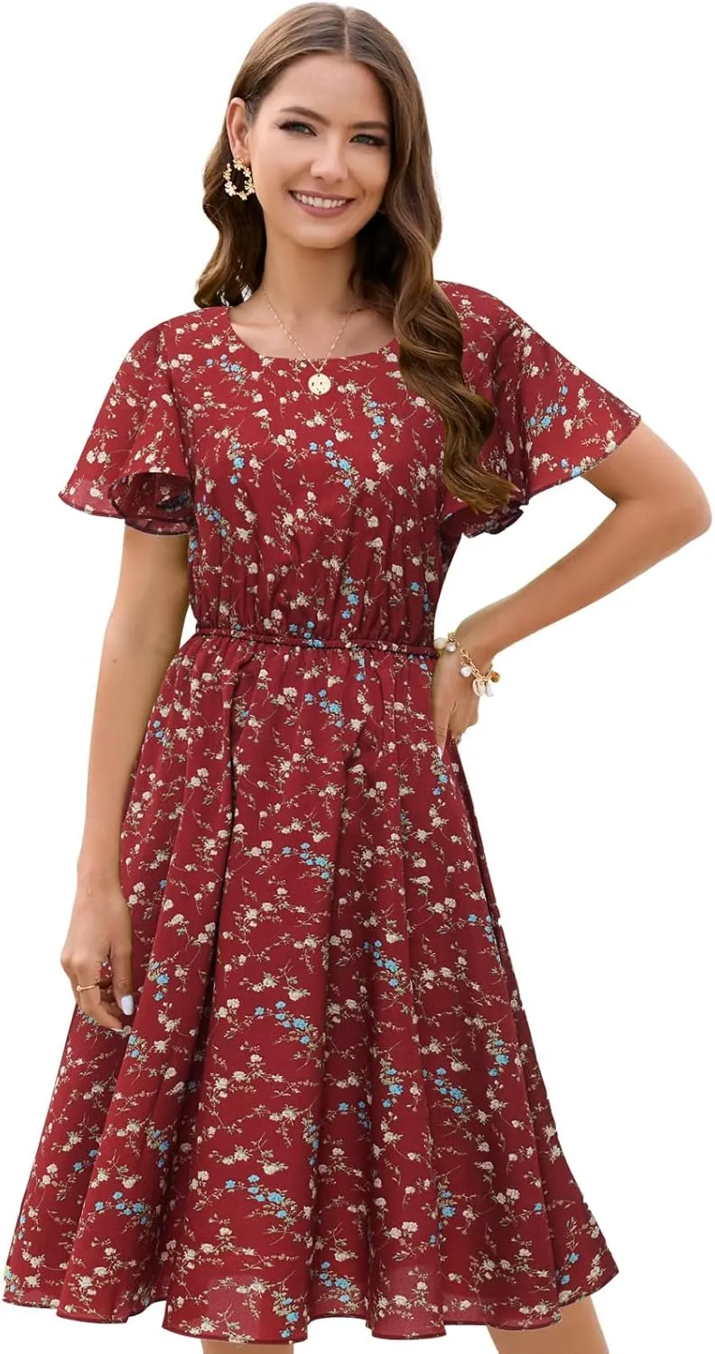 Gardenwed Chiffon Floral Dresses Summer Sun Beach Dresses for Women with Elastic Waist