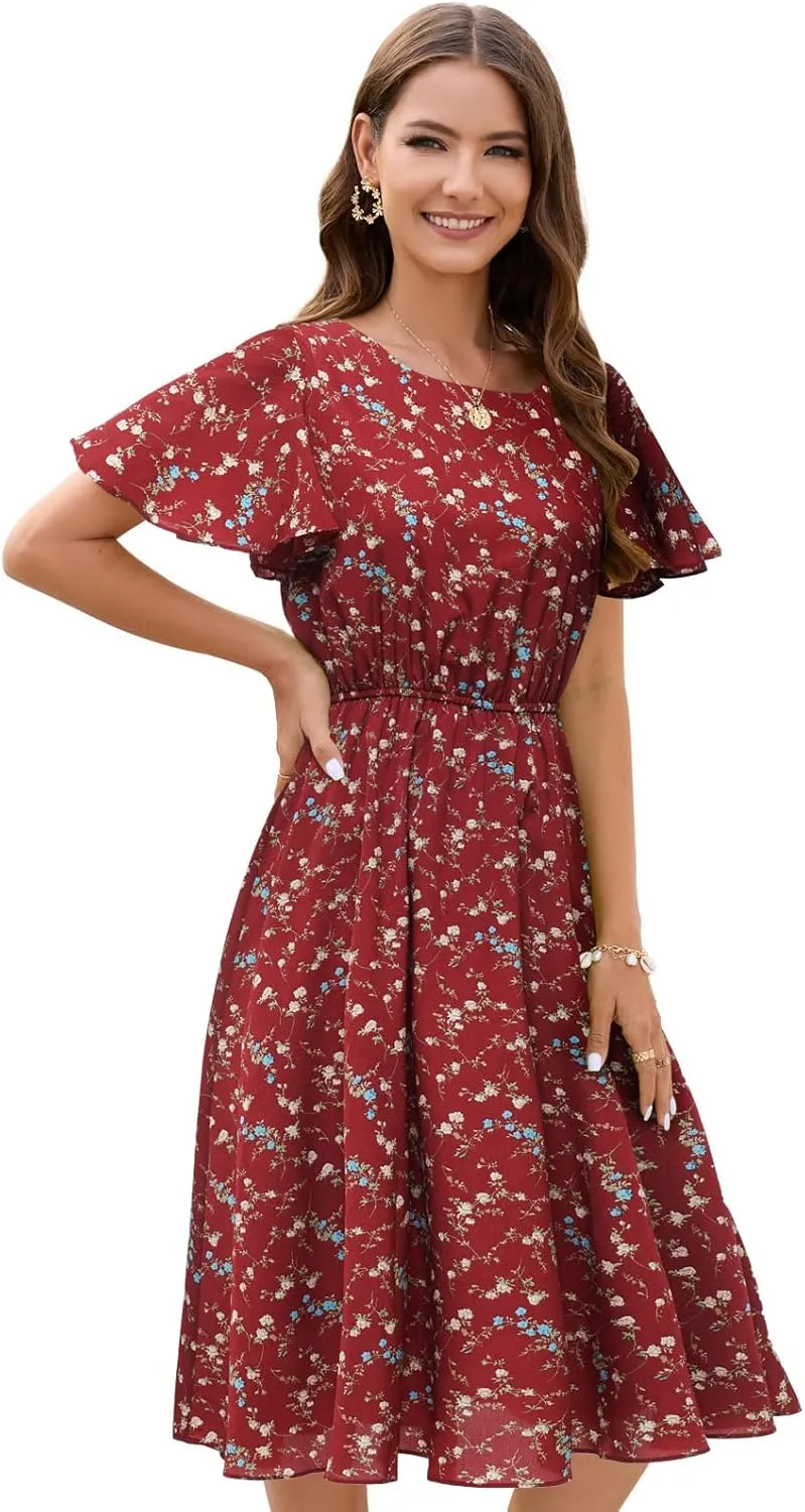 Gardenwed Chiffon Floral Dresses Summer Sun Beach Dresses for Women with Elastic Waist