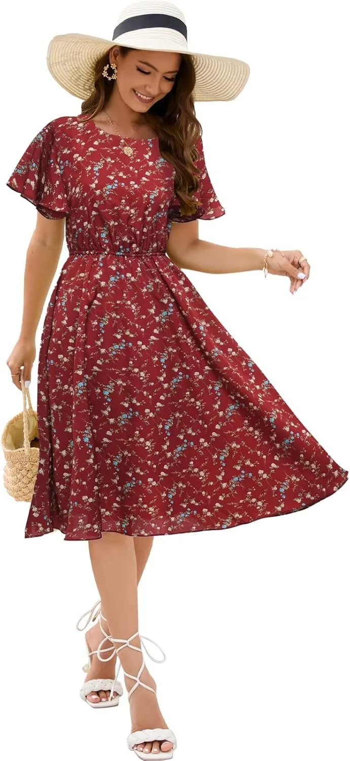 Gardenwed Chiffon Floral Dresses Summer Sun Beach Dresses for Women with Elastic Waist