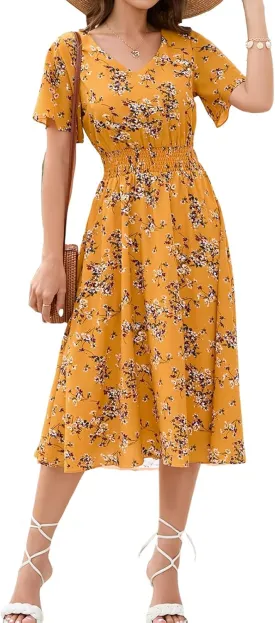 Gardenwed Chiffon Floral Dresses Summer Sun Beach Dresses for Women with Elastic Waist