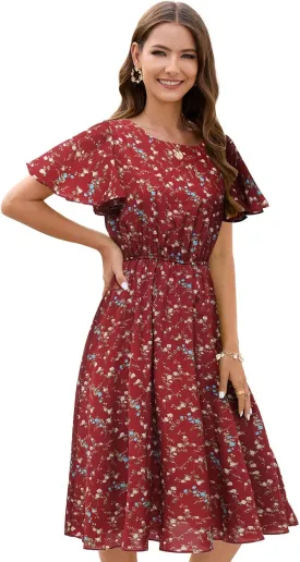 Gardenwed Chiffon Floral Dresses Summer Sun Beach Dresses for Women with Elastic Waist