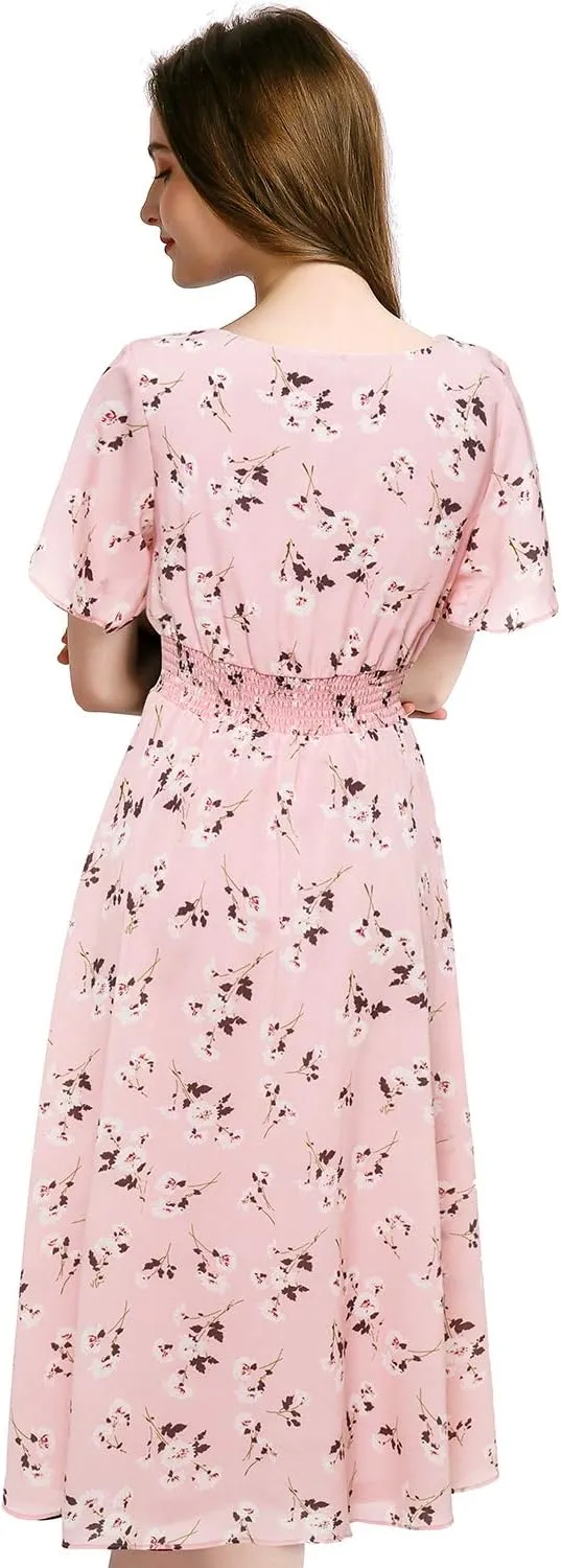 Gardenwed Chiffon Floral Dresses Summer Sun Beach Dresses for Women with Elastic Waist