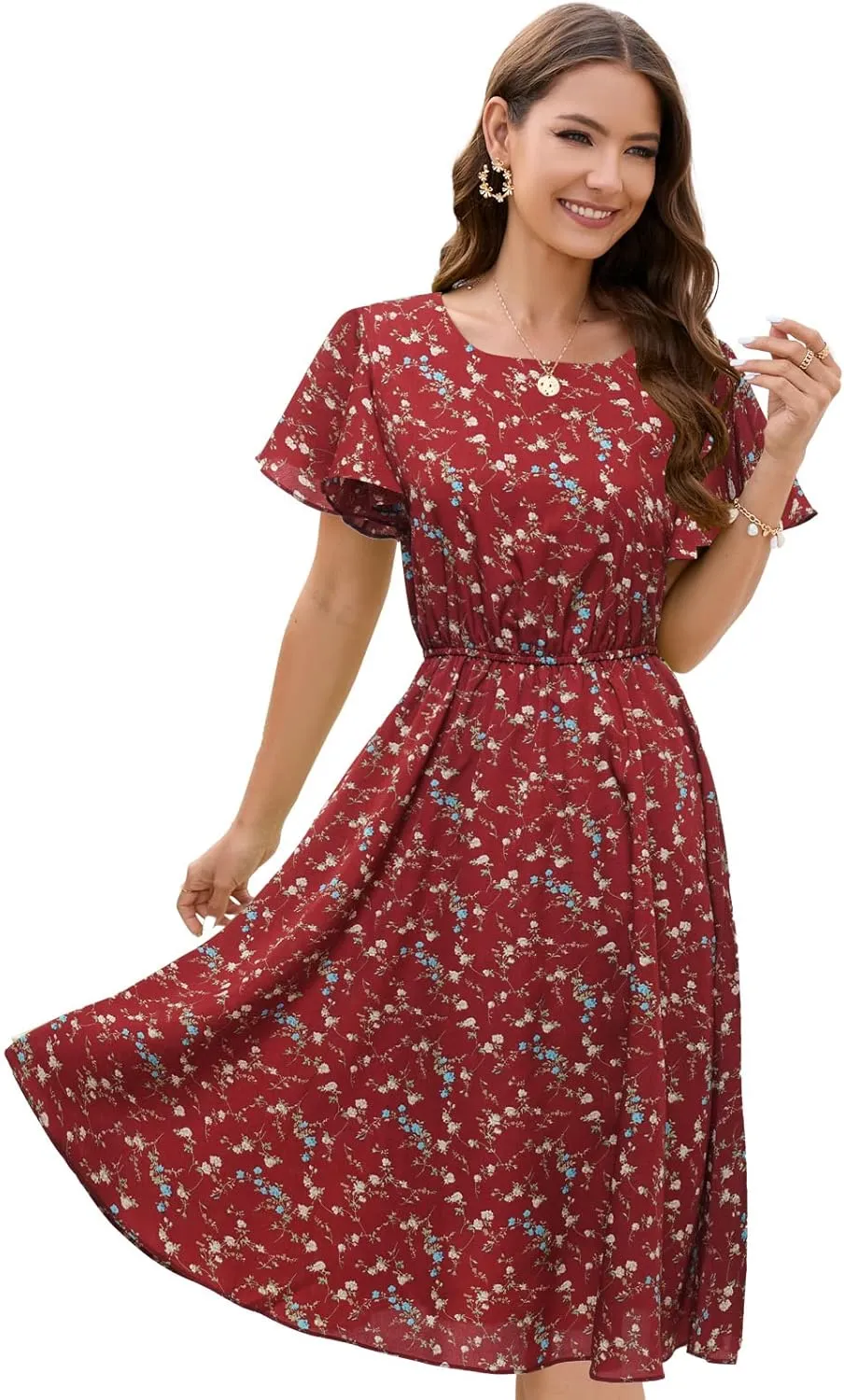 Gardenwed Chiffon Floral Dresses Summer Sun Beach Dresses for Women with Elastic Waist