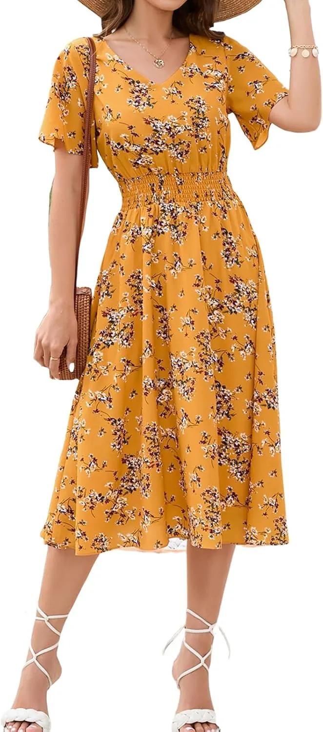 Gardenwed Chiffon Floral Dresses Summer Sun Beach Dresses for Women with Elastic Waist