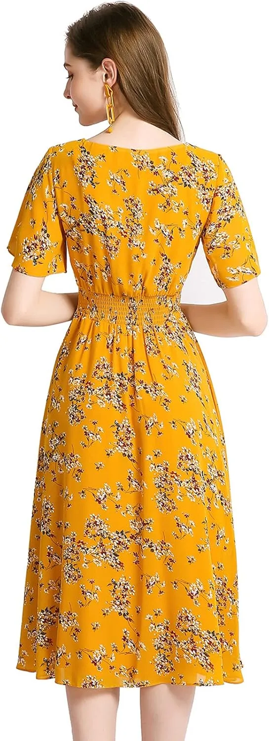 Gardenwed Chiffon Floral Dresses Summer Sun Beach Dresses for Women with Elastic Waist