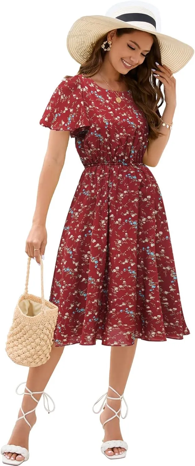 Gardenwed Chiffon Floral Dresses Summer Sun Beach Dresses for Women with Elastic Waist