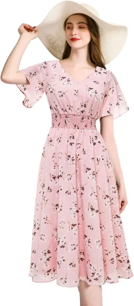 Gardenwed Chiffon Floral Dresses Summer Sun Beach Dresses for Women with Elastic Waist