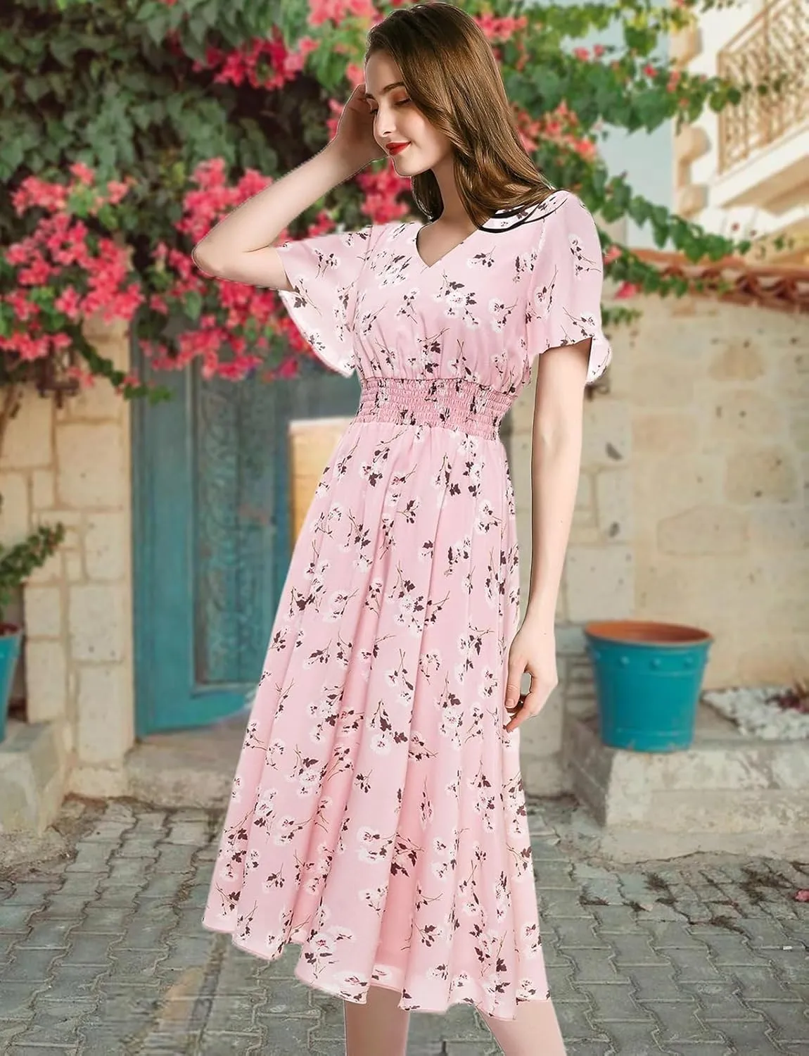 Gardenwed Chiffon Floral Dresses Summer Sun Beach Dresses for Women with Elastic Waist
