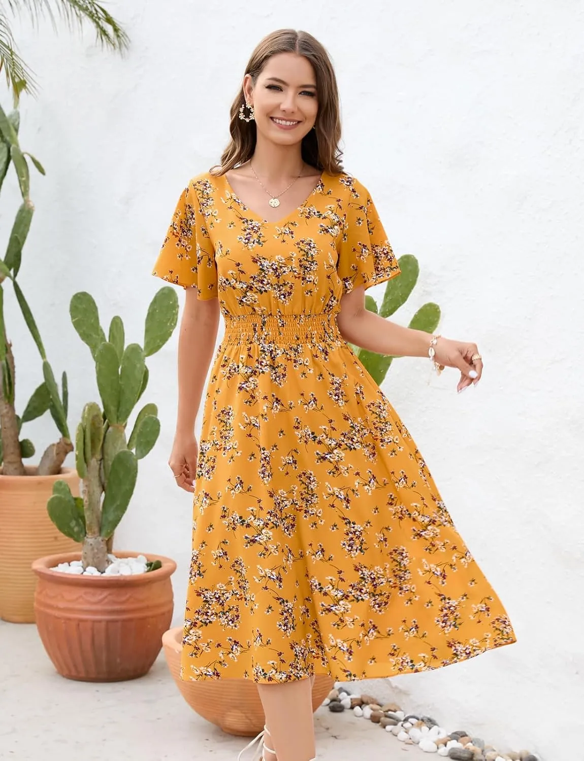 Gardenwed Chiffon Floral Dresses Summer Sun Beach Dresses for Women with Elastic Waist
