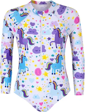 Girls Long Sleeve Rashguard Sets Kids One Piece Swimsuit Bathing Suit UPF 50  UV Zipper Swimwear