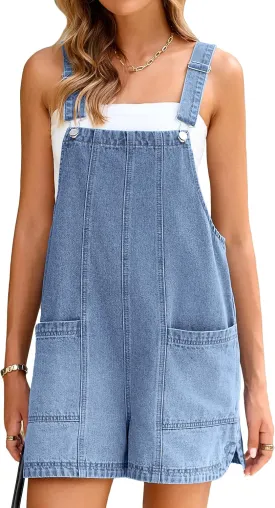 Glamaker Womens Denim Overalls Romper Casual Loose Fit Jean Rompers Adjustable Straps Overall Shorts Summer Outfits