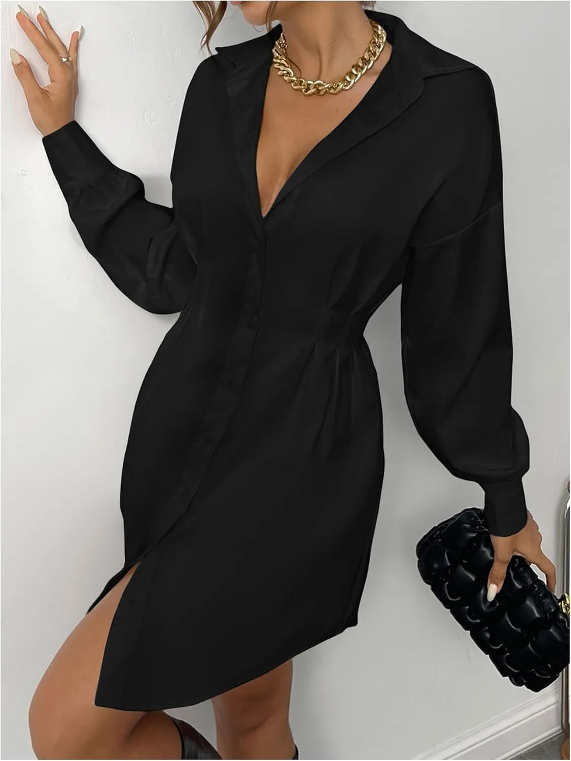 GORGLITTER Women's Button Up Long Sleeve Mini T Shirt Dress Lapel Collar Pleated Flared Short Dresses