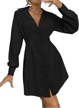 GORGLITTER Women's Button Up Long Sleeve Mini T Shirt Dress Lapel Collar Pleated Flared Short Dresses