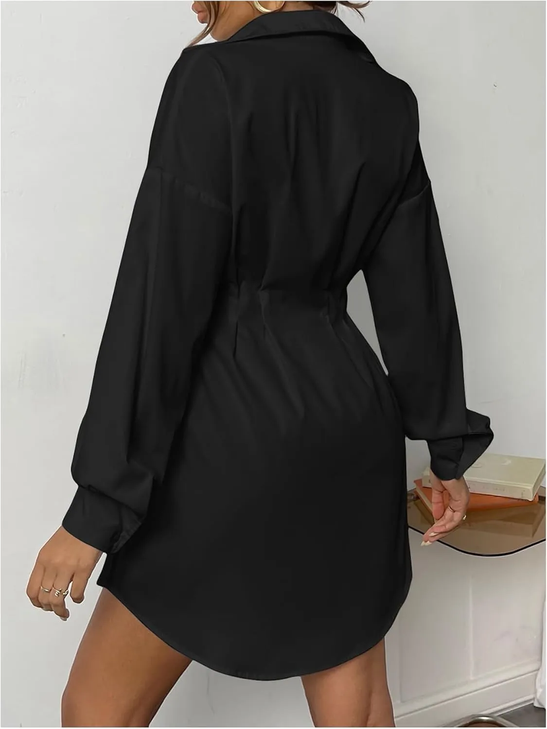 GORGLITTER Women's Button Up Long Sleeve Mini T Shirt Dress Lapel Collar Pleated Flared Short Dresses
