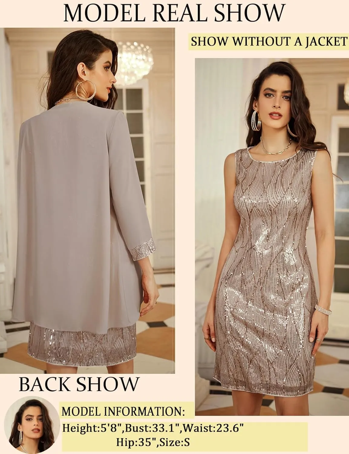 GRACE KARIN Women's Sequin Dress - Wedding Guest & Mother of The Bride Formal Dress - Two Piece Knee Length