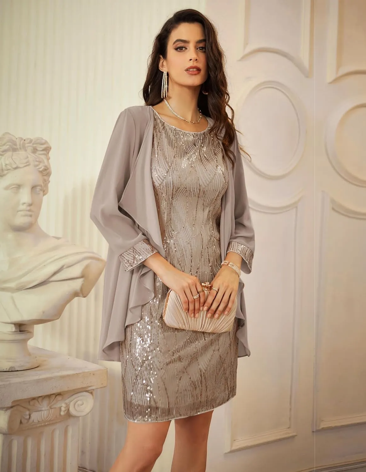 GRACE KARIN Women's Sequin Dress - Wedding Guest & Mother of The Bride Formal Dress - Two Piece Knee Length