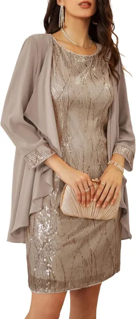 GRACE KARIN Women's Sequin Dress - Wedding Guest & Mother of The Bride Formal Dress - Two Piece Knee Length