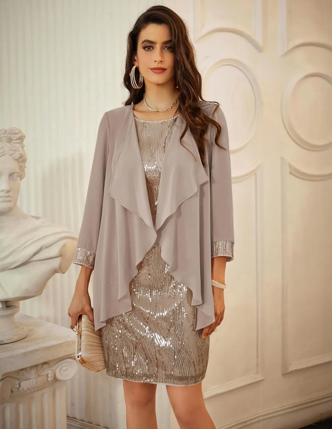 GRACE KARIN Women's Sequin Dress - Wedding Guest & Mother of The Bride Formal Dress - Two Piece Knee Length