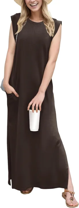GRECERELLE 2025 Women Summer Round Neck Casual Loose Split Wrinkle-Free Long Maxi Vacation Dress with Pockets (XS-3XL)