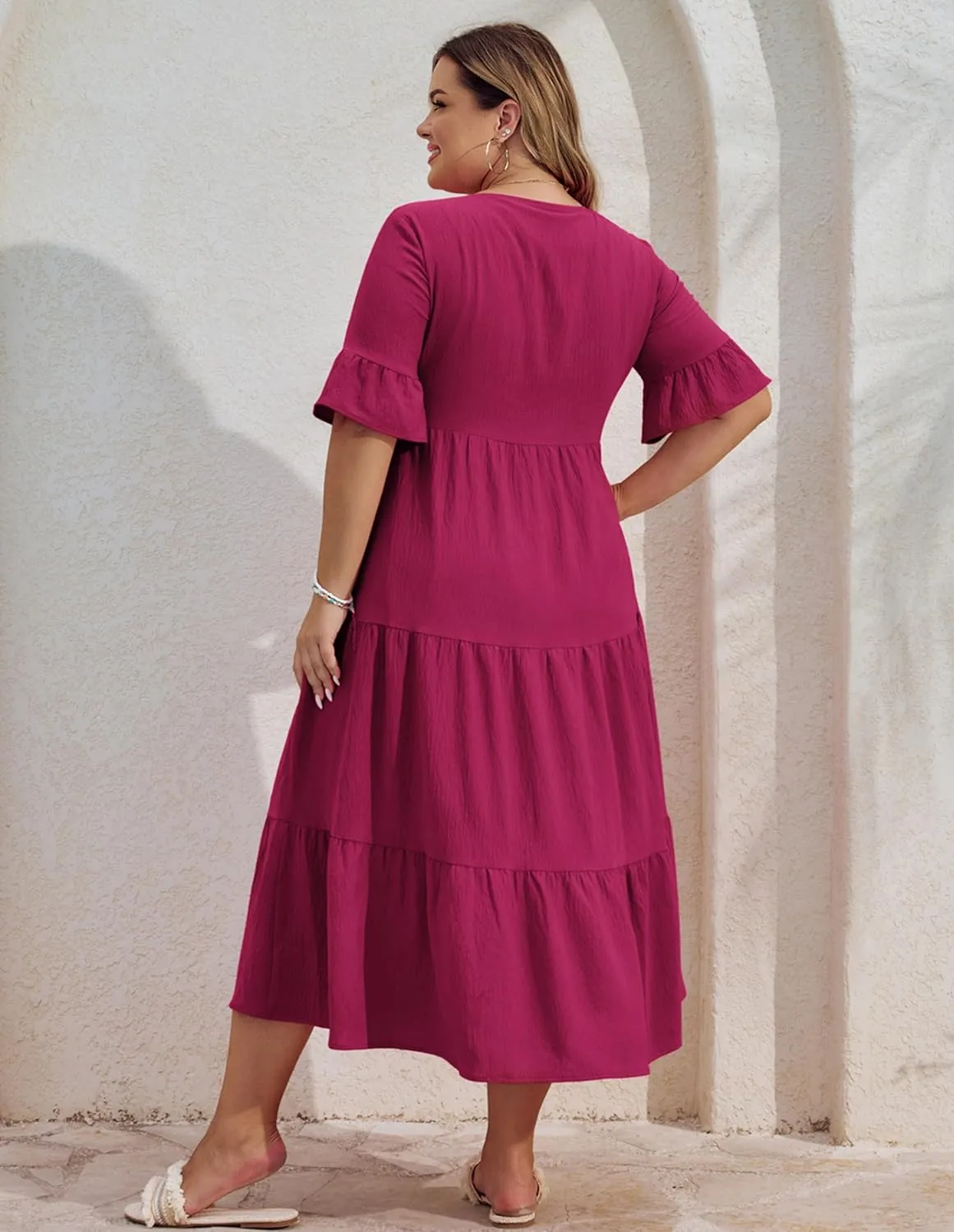 Hanna Nikole Women‘s Plus Size Smocked Maxi Dress Flowy A-Line Casual Summer Dress with Pockets