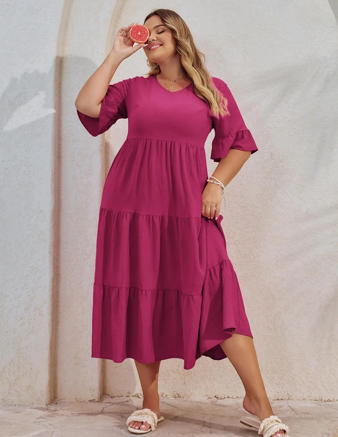 Hanna Nikole Women‘s Plus Size Smocked Maxi Dress Flowy A-Line Casual Summer Dress with Pockets