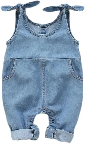 Happy Town Newborn Infant Baby Girls Denim Bodysuit Halter Sleeve Romper Jeans Overalls