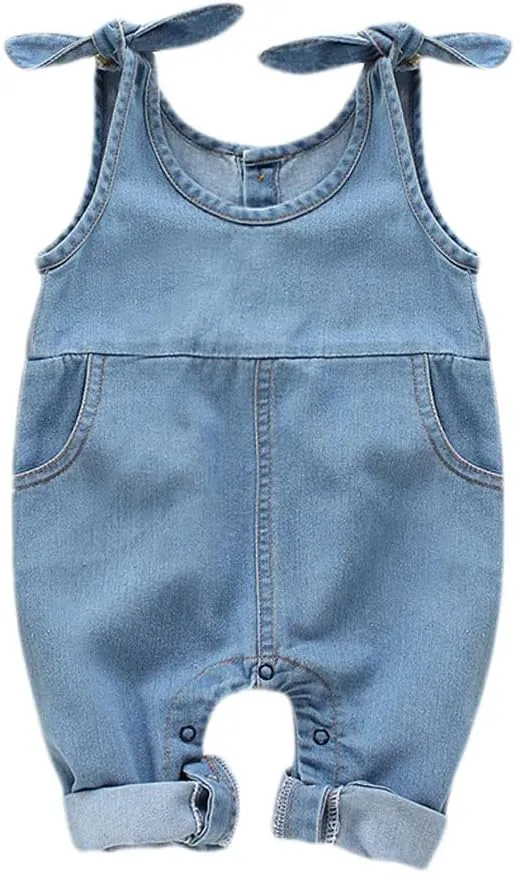 Happy Town Newborn Infant Baby Girls Denim Bodysuit Halter Sleeve Romper Jeans Overalls