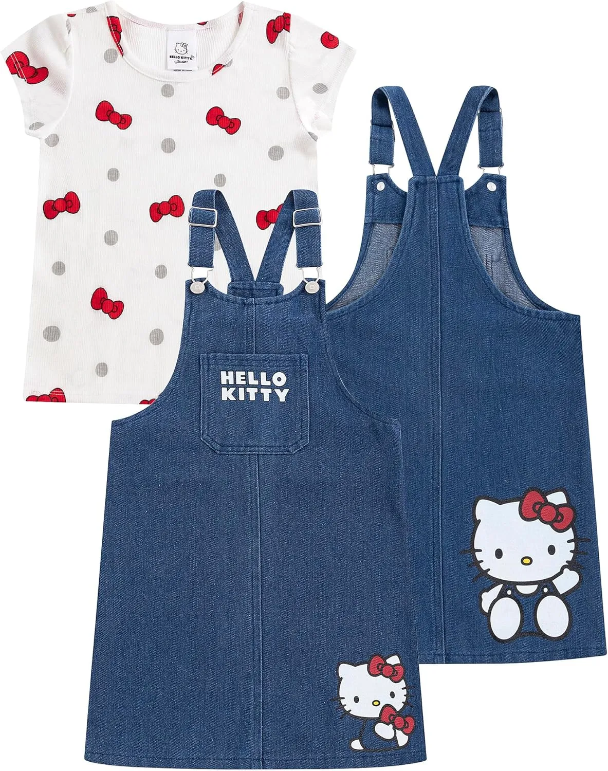 Hello Kitty Sanrio Girls Adjustable Jumper Denim Dress with Shirt Set for Toddler and Big Kids
