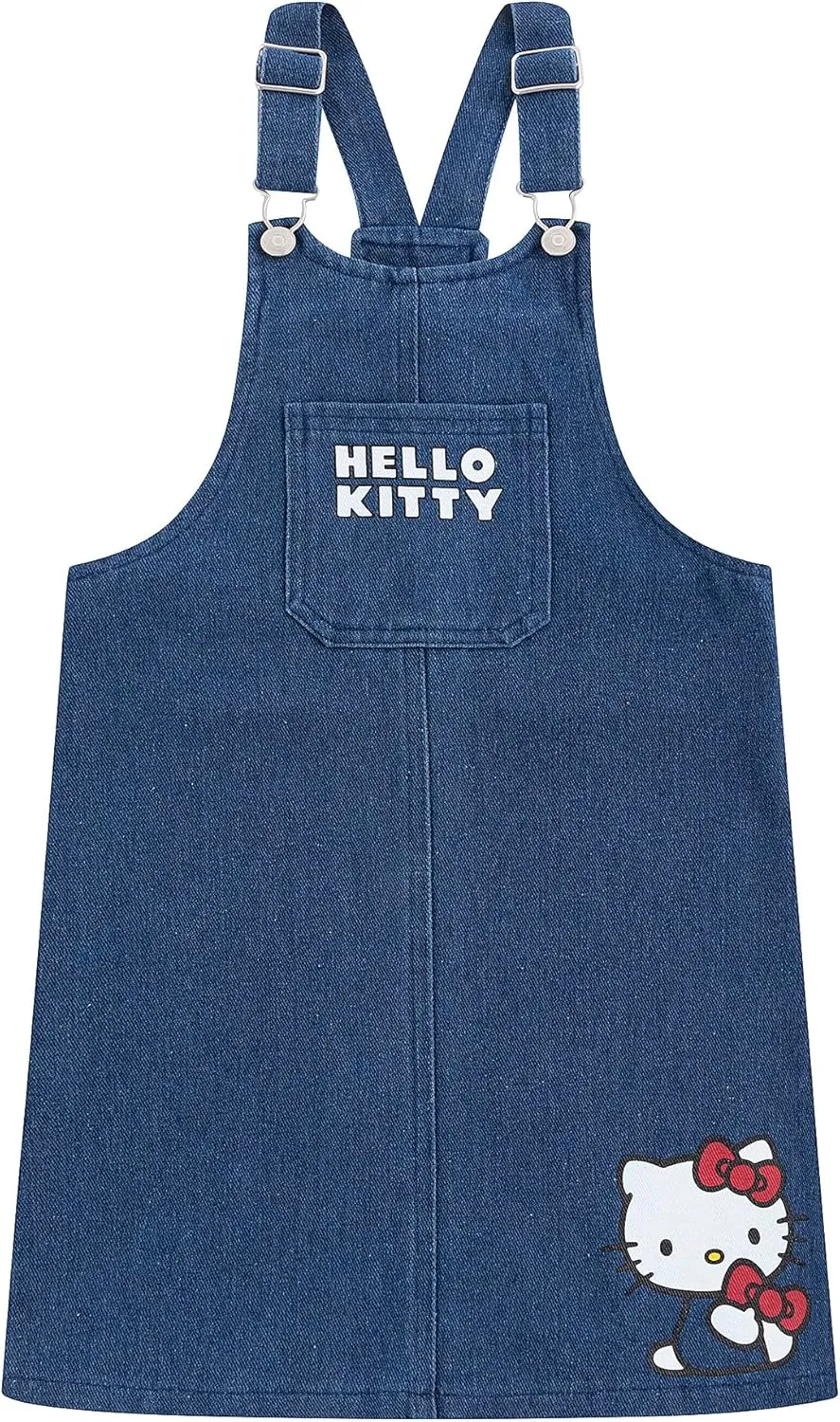 Hello Kitty Sanrio Girls Adjustable Jumper Denim Dress with Shirt Set for Toddler and Big Kids