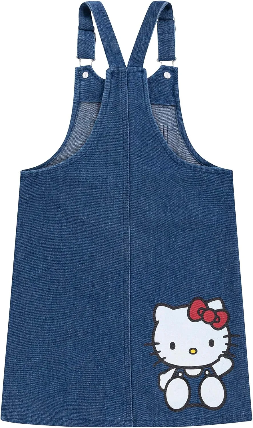 Hello Kitty Sanrio Girls Adjustable Jumper Denim Dress with Shirt Set for Toddler and Big Kids
