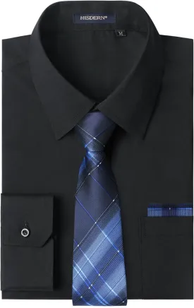 HISDERN Mens Dress Shirt Long Sleeve Matching Tie and Pocket Square Set Classic Button Down Formal Business Shirts