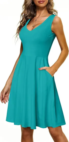 HUHOT Womens Sleeveless V Neck Dress with Pocket Summer Beach Midi Flared Tank Dress