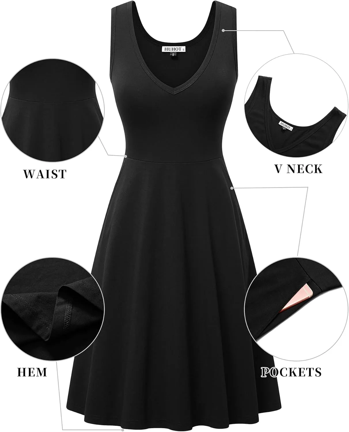 HUHOT Womens Sleeveless V Neck Dress with Pocket Summer Beach Midi Flared Tank Dress