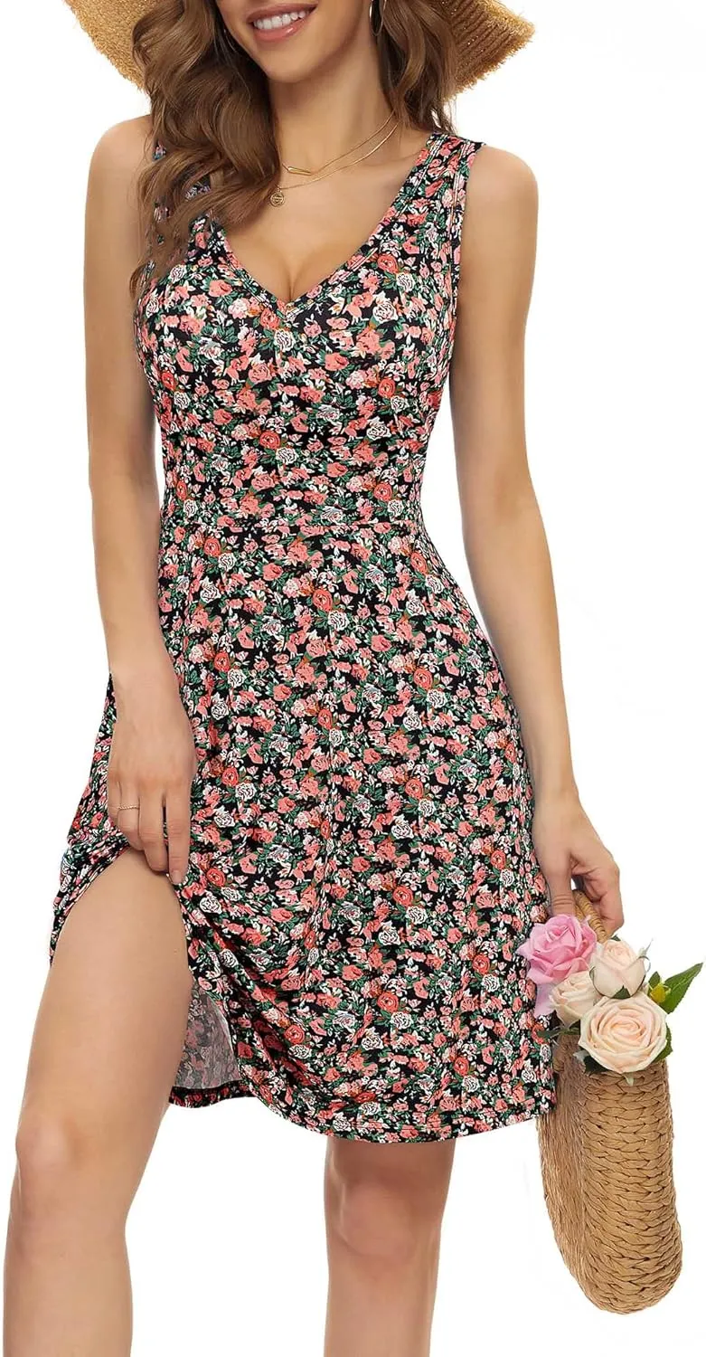 HUHOT Womens Sleeveless V Neck Dress with Pocket Summer Beach Midi Flared Tank Dress