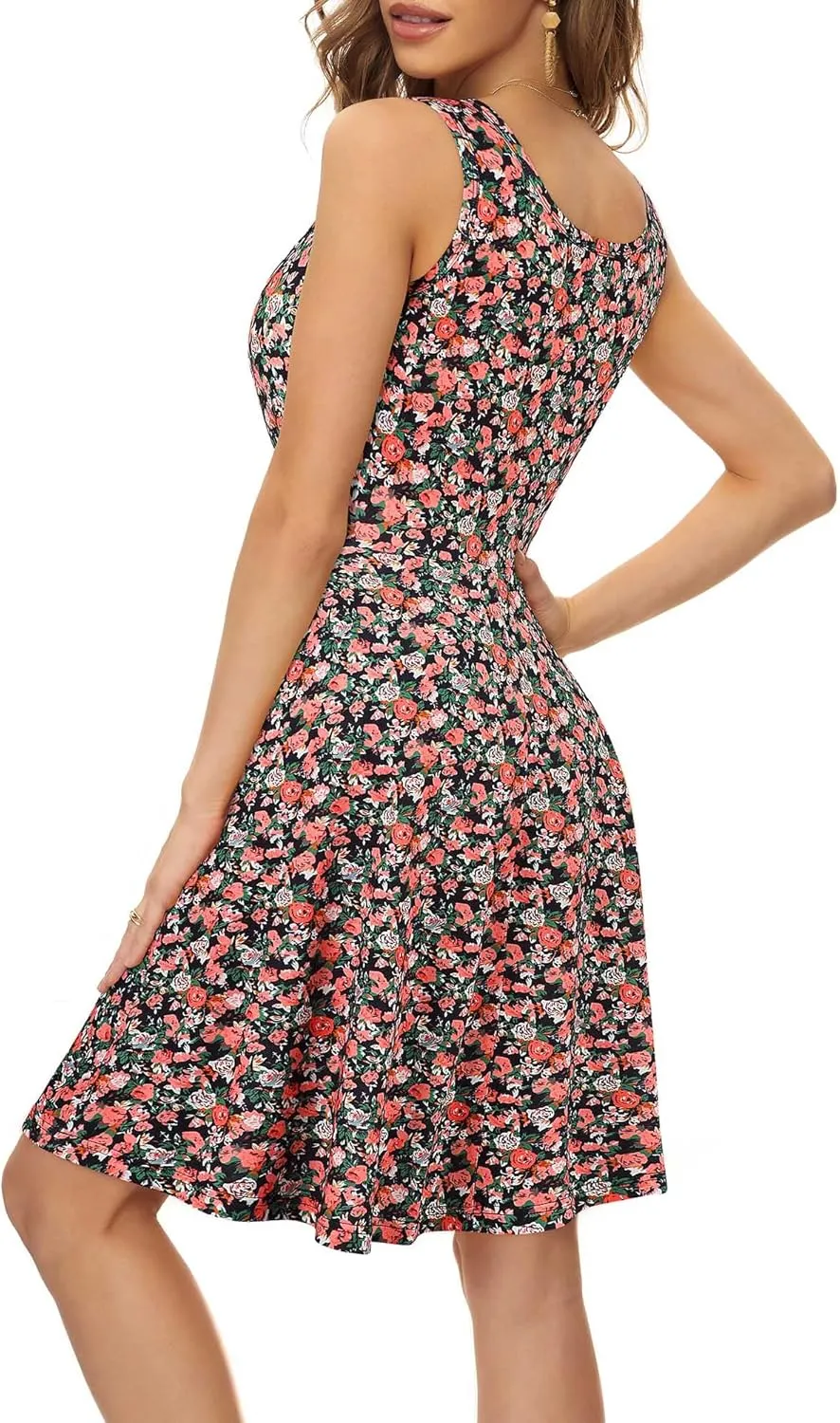 HUHOT Womens Sleeveless V Neck Dress with Pocket Summer Beach Midi Flared Tank Dress