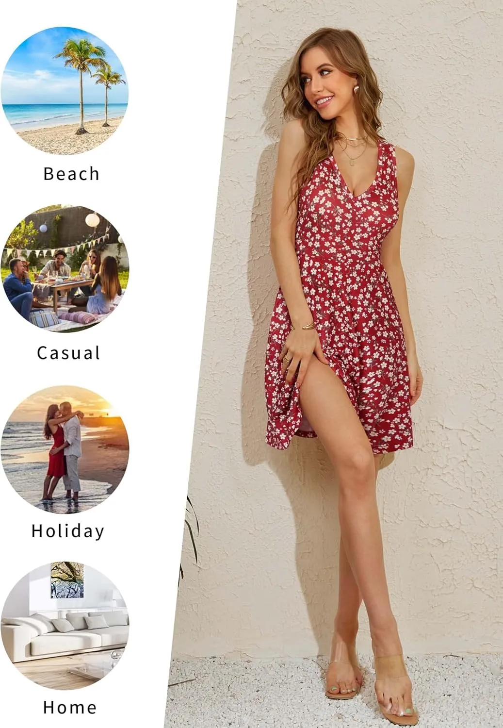 HUHOT Womens Sleeveless V Neck Dress with Pocket Summer Beach Midi Flared Tank Dress