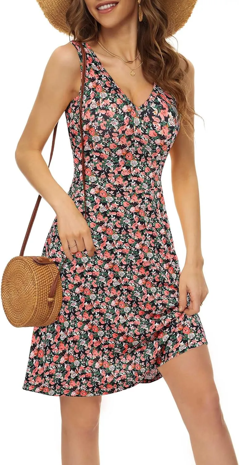 HUHOT Womens Sleeveless V Neck Dress with Pocket Summer Beach Midi Flared Tank Dress